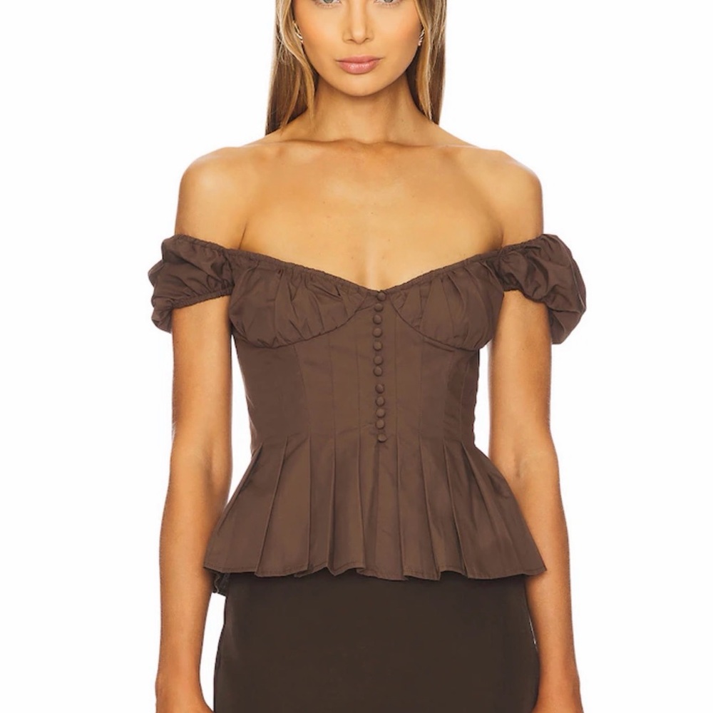 Bardot Chocolate Brown Off-Shoulder Peplum Button Front Top
